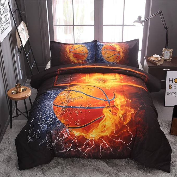 Btargot Twin Basketball and Fire Quilt Set Bedding Sets, 3D Sports Themed Bedding, All-Season Reversible Quilted Duvet, for Children Boy Girl Teen Kids - includes 1 Comforter, 2 Pillow Sham