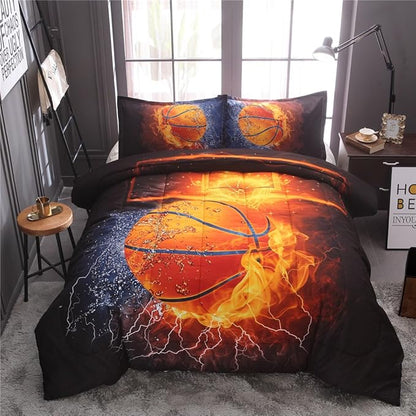 Btargot Twin Basketball and Fire Quilt Set Bedding Sets, 3D Sports Themed Bedding, All-Season Reversible Quilted Duvet, for Children Boy Girl Teen Kids - includes 1 Comforter, 2 Pillow Sham