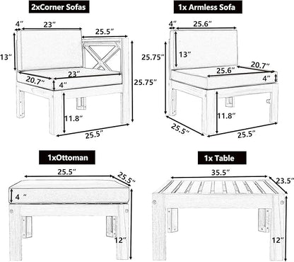 5-Piece Outdoor Patio Furniture Sectional Sets, Wooden L-shaped Corner Sofa Seating with Tea Table and Removable, Backyard Gardern Deck, Natural Finish+ Blue Cushions
