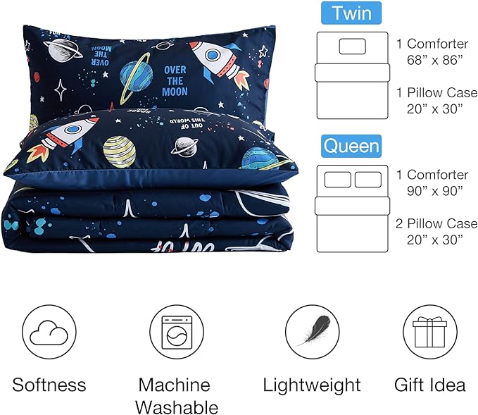 beeweed 2 Piece Kid Comforter Set Twin Size, Space Rocket Bedding Set for Teen Boys Girls