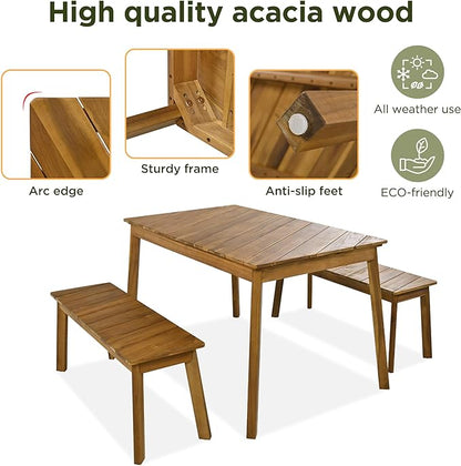 3-Pieces Patio Dining Set with Acacia Wood Tabletop and 2 Benches, Outdoor & Indoor Table and Chairs Furniture for Picnic Barbecue, Porch, Garden, Poolside, Onesize, Natural