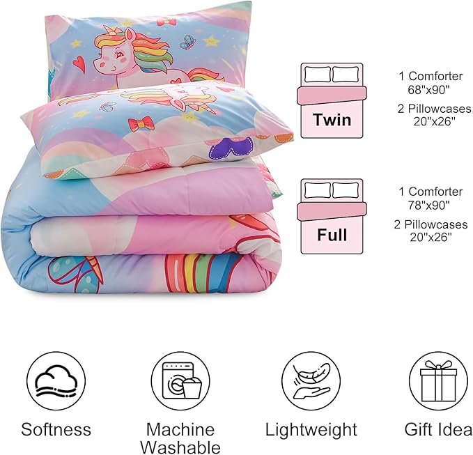 Aimuan Girls Unicorn Comforter Set 3 Pieces Pink Purple Bedding Set with Rainbow Star Galaxy Stars Fantasy Children Room Decor Soft Reversible Bed Sets for Boys/Girls/Teens (Pink Blue Twin3Pcs)