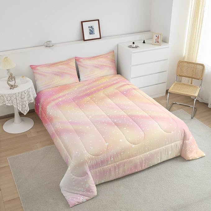 Glitter Galaxy Bedding Comforter Sets for Kids Teenagers, Pastel Galaxy Space Bedding Rainbow Tie Dye Comforter Set for Boys Girls, Starry Sky Gradient Down Comforter with 2 Pillowcases, Queen