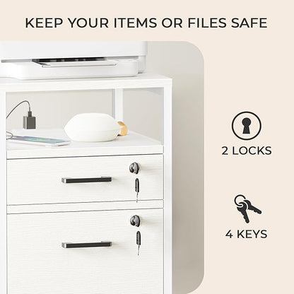 SUPERJARE File Cabinet with Lock & Charging Station, 2 Drawers Rolling Filing Cabinet, Office File Cabinet with Wheels & Open Shelf, for Home Office, A4/Letter Size Files - White