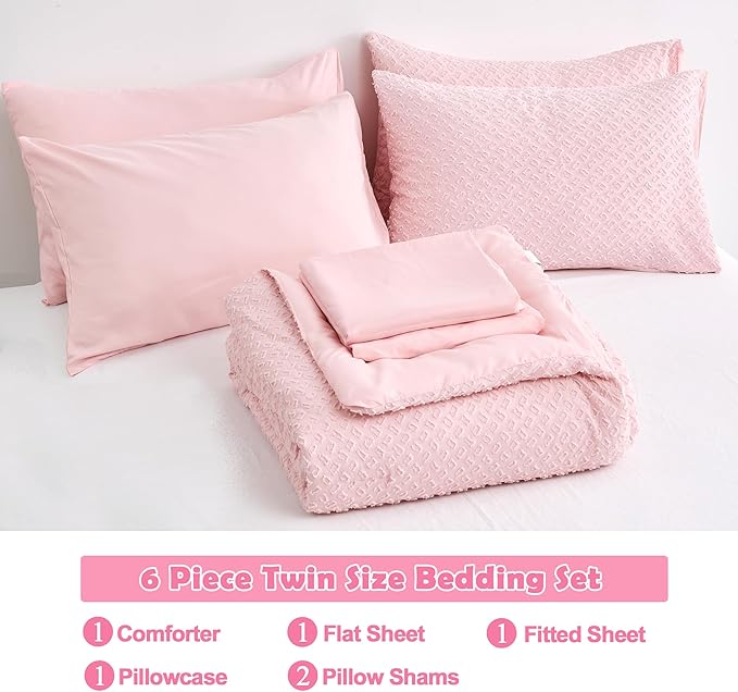 Twin Size Tufted Kids Comforter Set 6 Piece Pink Jacquard Tufts Embroidery Bedding Set for Girls Bed in A Bag Quilt with 1 Comforter, 1 Flat Sheet, 1 Fitted Sheet, 1 Pillowcase and 2 Pillow Sham