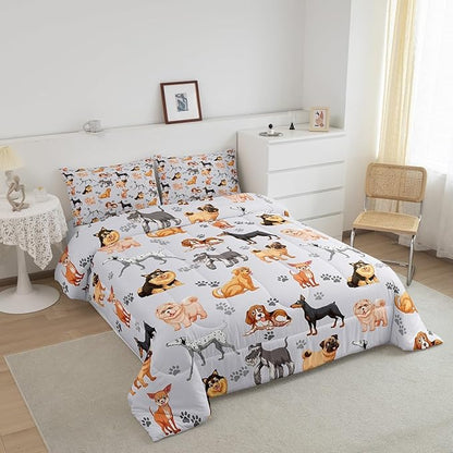 Kids Cute Dog Comforter Set Toddler Cartoon Dogs Bedding Set for Boys Girls Children Pet Dog Puppy Animal Lover Comforter Lovely Dog Paw Down Alternative Comforter for All Season Room Decor Twin Size