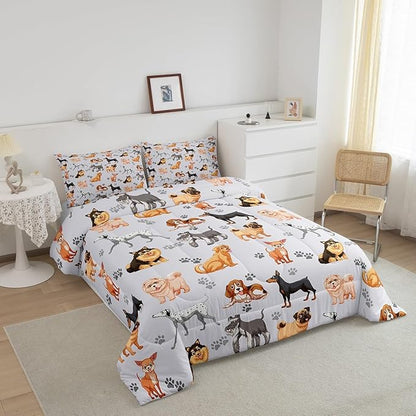 Kids Cute Dog Comforter Set Toddler Cartoon Dogs Bedding Set for Boys Girls Children Pet Dog Puppy Animal Lover Comforter Lovely Dog Paw Down Alternative Comforter for All Season Room Decor Full Size