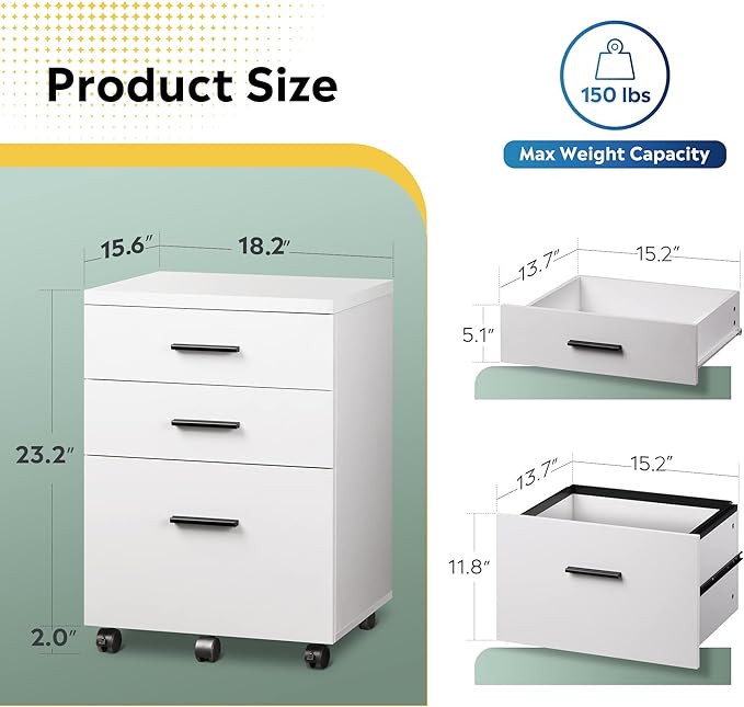 DEVAISE 3 Drawer File Cabinet for Home Office, Wood Under Desk Filing Cabinet, Rolling Printer Stand with Wheels, White