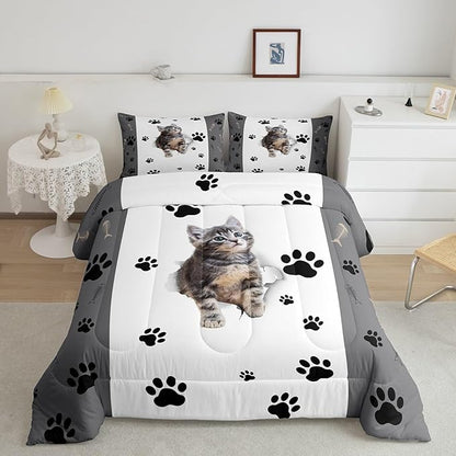 Kids Cat Comforter Set King,3D Cute Kawaii Cat Bedding Set Lovely Animal Kitten Paw Print Down Comforter for Girls Boys Cat Lovers' Bedroom,Fish Bone Decor Quilt Duvet Set Grey White 2 Pillow Cases