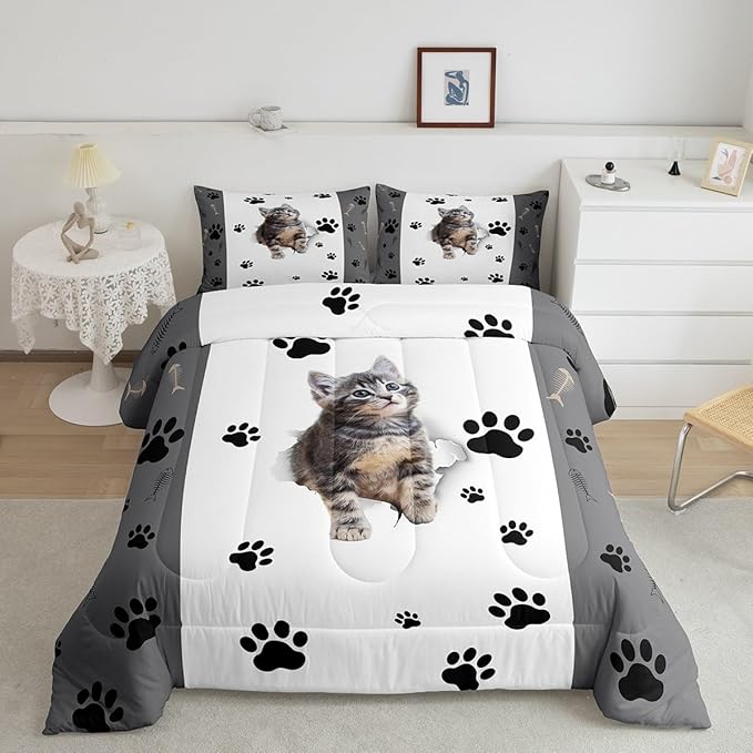Kids Cat Comforter Set Queen,3D Cute Kawaii Cat Bedding Set Lovely Animal Kitten Paw Print Down Comforter For Girls Boys Cat Lovers' Bedroom,Fish Bone Decor Quilt Duvet Set Grey White 2 Pillow Cases