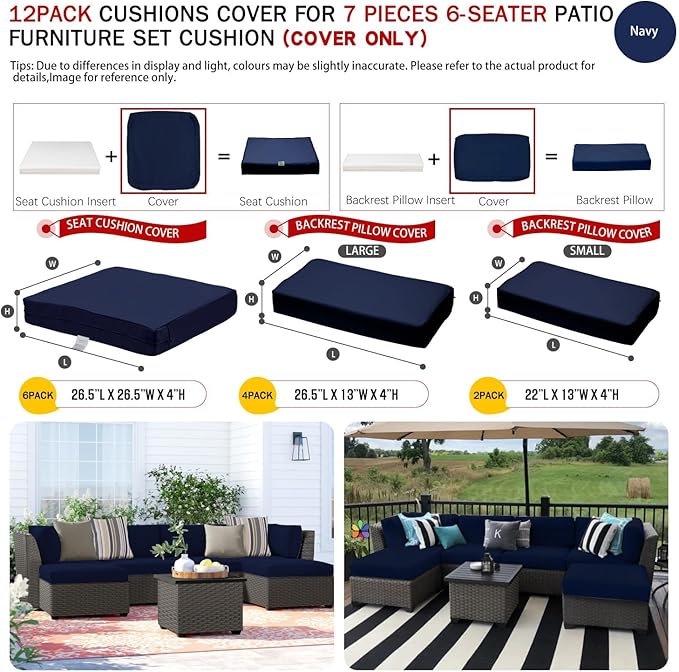 ClawsCover 12 Pack Outdoor Patio Seat and Back Cushions Replacement Covers Fit for 7Pieces 6-Seater Wicker Rattan Furniture Conversation Set Sectional Couch Chair,Navy-Include Cover Only