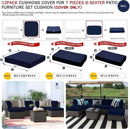 ClawsCover 12 Pack Outdoor Patio Seat and Back Cushions Replacement Covers Fit for 7Pieces 6-Seater Wicker Rattan Furniture Conversation Set Sectional Couch Chair,Navy-Include Cover Only