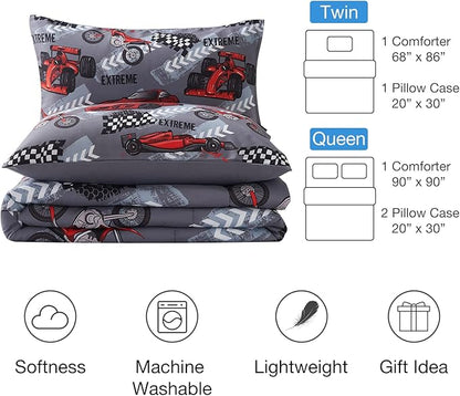 beeweed 2 Piece Kid Comforter Set Twin Size, Racing Car Bedding Set for Teen Boys Girls