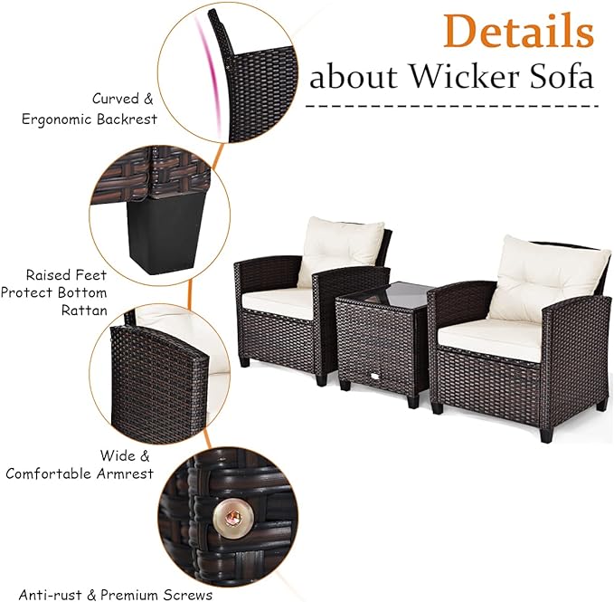 3 PCS Patio Furniture Set, OneSize, White