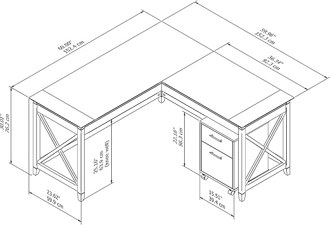 Bush Furniture Key West 60W L Shaped Desk with 2 Drawer Mobile File Cabinet in Bing Cherry