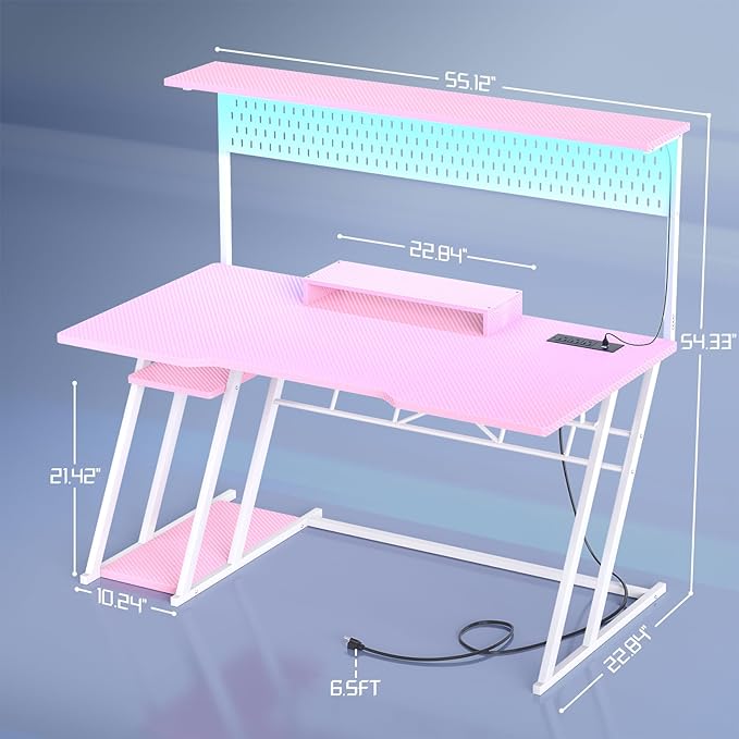 Pink Gaming Desk with Hutch and LED Lights, 55" Computer Desk with Storage Shelves, Reversible PC Gaming Desk with Pegboard, Gaming Table Gamer Desk for Bedroom, Carbon Fiber Pink
