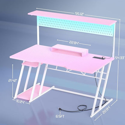 Pink Gaming Desk with Hutch and LED Lights, 55" Computer Desk with Storage Shelves, Reversible PC Gaming Desk with Pegboard, Gaming Table Gamer Desk for Bedroom, Carbon Fiber Pink