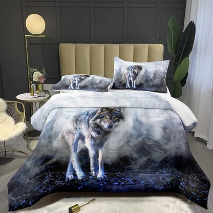 Bodhi Wild Wolf Comforter Set Twin for Boys,Mens Wolf Bedding Set, Wolf Standing in The Forest Surrounded by Fog, Wolf Comforter with Matching Pillowcases, 1 Comforter+1 Pillow Shams #4018