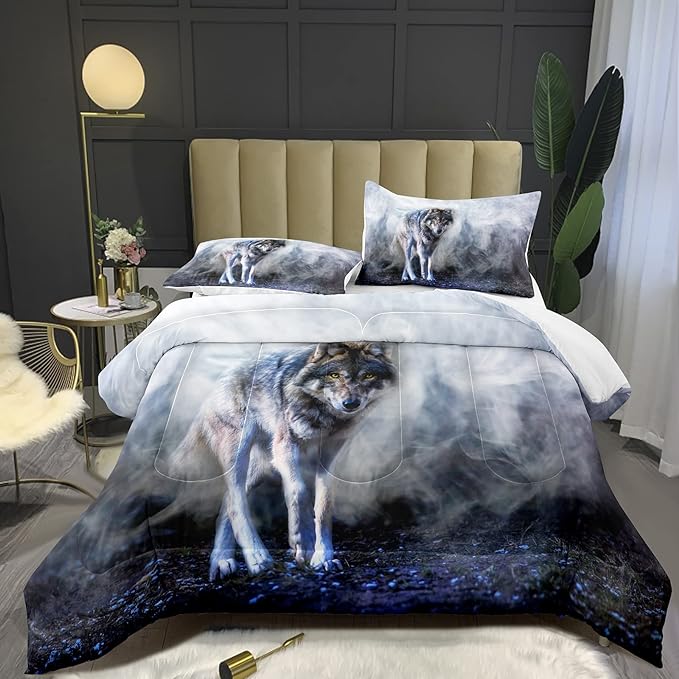 Bodhi Wild Wolf Comforter Set King for Boys,Mens Wolf Bedding Set, Wolf Standing in The Forest Surrounded by Fog, Wolf Comforter with Matching Pillowcases, 1 Comforter+2 Pillow Shams #4018