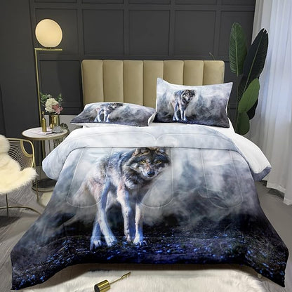 Bodhi Wild Wolf Comforter Set King for Boys,Mens Wolf Bedding Set, Wolf Standing in The Forest Surrounded by Fog, Wolf Comforter with Matching Pillowcases, 1 Comforter+2 Pillow Shams #4018