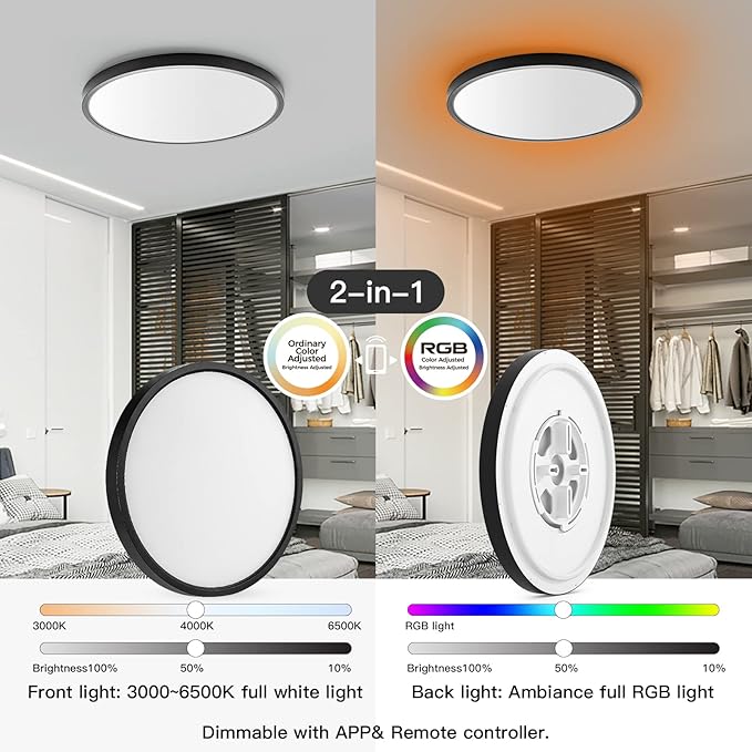TALOYA Smart Ceiling Light Flush Mount LED WiFi, Compatible with Alexa Google Home, Black Dimmable Low Profile Ambient Light Fixture for Bedroom Living Room,12 Inch 24W