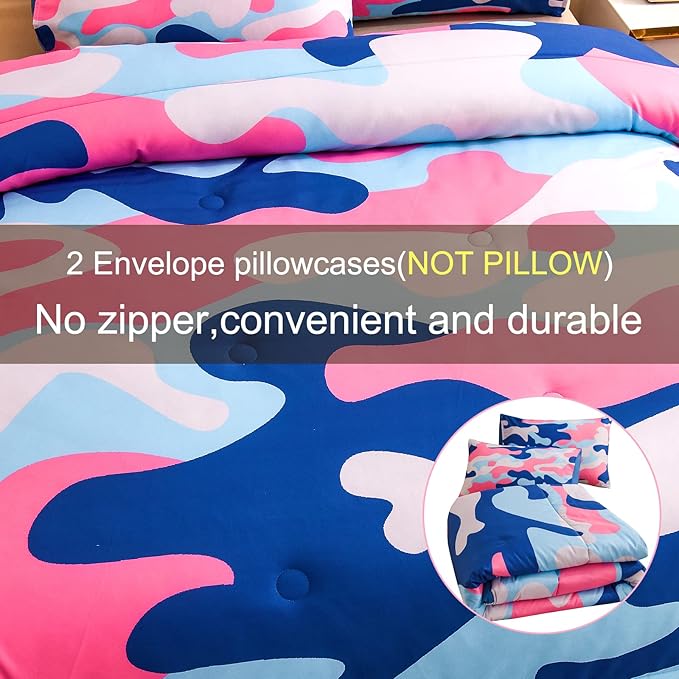Meeting Story Camouflage Bedding Set, Colorful Pattern Style Twin Camouflage Comforter Set, 3 PCS 1 Comforter and 2 Pillowcases in One Bag, All Season Bedspread for Kids Teens Adults (Blue, Twin)