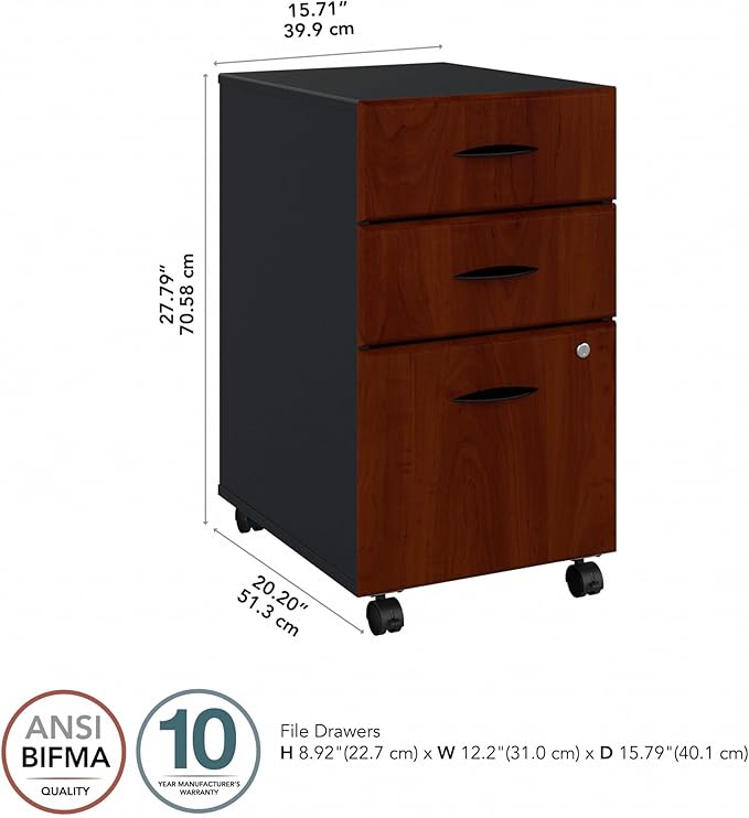Bush Business Furniture Series A 3 Drawer Mobile File Cabinet in Hansen Cherry & Galaxy - Assembled, Rolling Document Storage for Home or Professional Office
