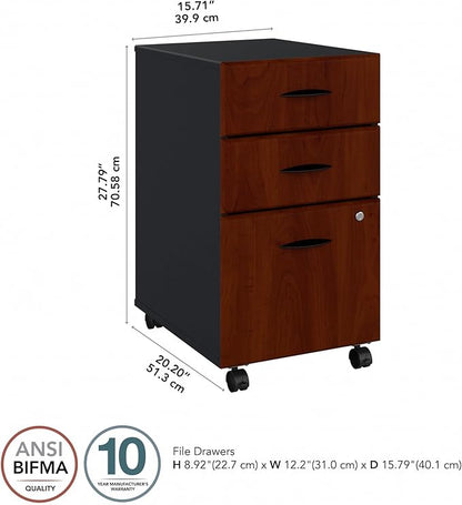 Bush Business Furniture Series A 3 Drawer Mobile File Cabinet in Hansen Cherry & Galaxy - Assembled, Rolling Document Storage for Home or Professional Office