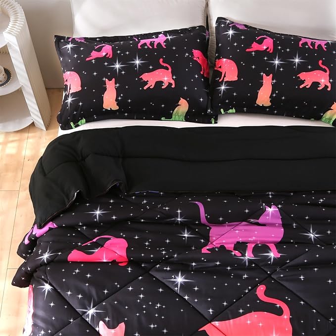 ENCOFT Comforter Set Queen for Girls and Boys, Premium 3 Piece Cats Bedding Set Black, Comfortable and Breathable for Teens and Adults, 1 Comforter and 2 Pillowcases