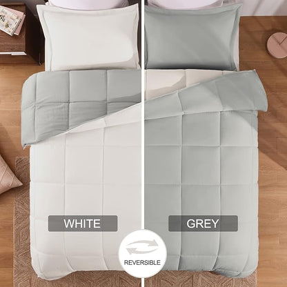 Basic Beyond King Size Comforter Set - Fluffy King Bed Comforter Set for All Seasons - Reversible White King Comforter Set - 3 Pieces (1 Comforter + 2 Pillow Shams) - White/Grey