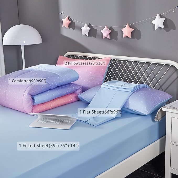 Rainbow Comforter Set for Teen Girls Women,Full/Queen Size 5 Piece Bed in A Bag,Metallic Printed Glitter Comforter and Sheets,Ultra Soft Microfiber All Season Bedding Set(Full/Queen,Blue)