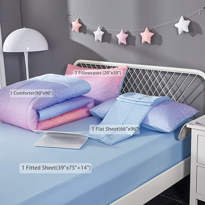 Rainbow Comforter Set for Teen Girls Women,Full/Queen Size 5 Piece Bed in A Bag,Metallic Printed Glitter Comforter and Sheets,Ultra Soft Microfiber All Season Bedding Set(Full/Queen,Blue)