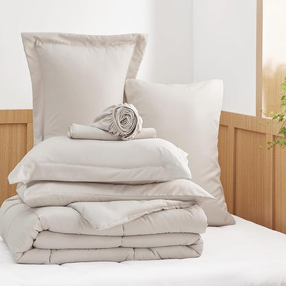 Bedsure Beige Twin XL Comforter Set - 5 Pieces Solid Twin XL Bed in a Bag for College, Twin XL Bed Set Beige with Comforters, Sheets, Pillowcase & Sham, Extra Long Twin Comforter Set