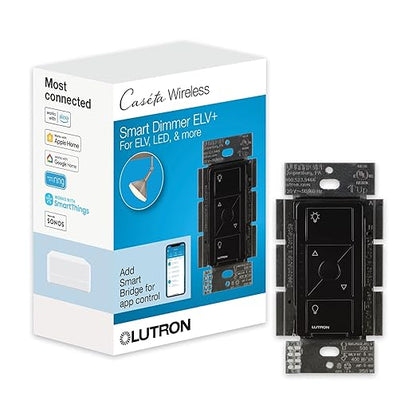 Lutron Caseta Original Smart Dimmer Switch ELV+ (Lutron Hub Required), 250W LED, Single-Pole/3-Way, Neutral Required, PD-5NE-BL, Black