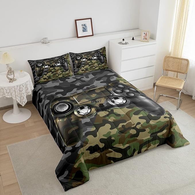 Feelyou Kids Gamer Comforter Set Camouflage Gaming Bedding Set for Boys Teens Bedroom Green Black Camo Video Game Decor Comforter Gamer Console Quilt Set Queen Size Duvet Quilted 3Pcs