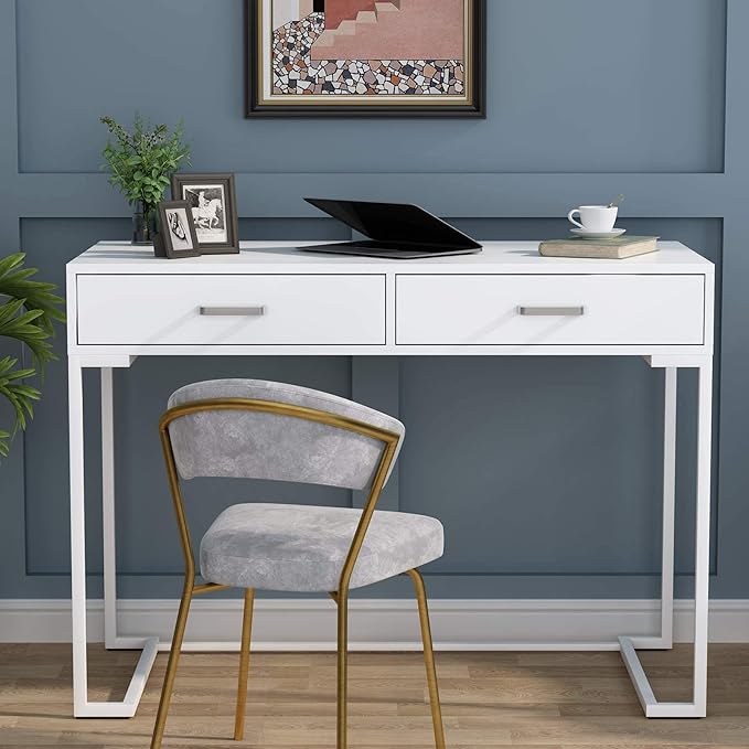Tribesigns 40 Inch White Computer Desk, White Writing Desk with 2 Drawers, Modern Simple Study Desk Makeup Vanity Table for Bedroom Small Spaces