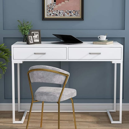 Tribesigns 40 Inch White Computer Desk, White Writing Desk with 2 Drawers, Modern Simple Study Desk Makeup Vanity Table for Bedroom Small Spaces