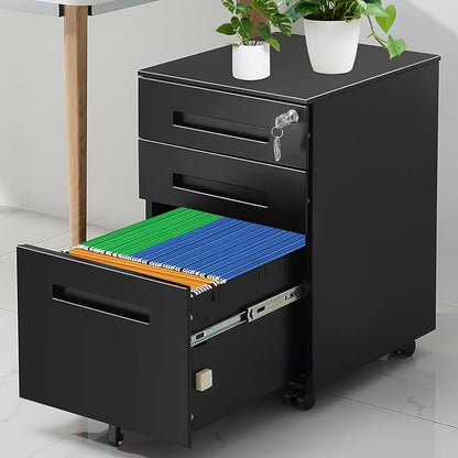 3-Drawer Mobile File Cabinets Rolling Metal Filing Cabinet for Legal & Letter File Anti-tilt Design with Lock Under Desk Office Drawers Fully Assembled Except Casters Black(Style 3)
