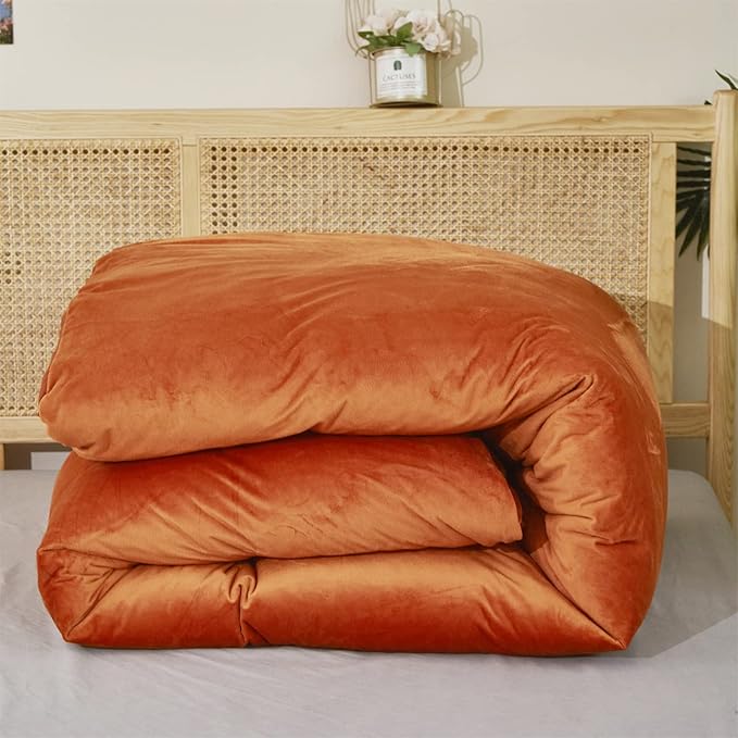 Burnt Orange Velvet Comforter Queen Solid Rust Color Flannel Velvet Bedding Comforter Set All Caramel Colour 3 PCs Shaggy Soft Warm and Durable Flannel Blanket Queen