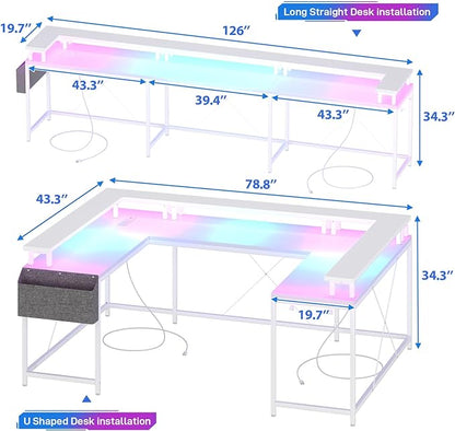 U Shaped Computer Gaming Desk, Reversible L Shaped Desk with Power Outlets, LED Strip & Monitor Stand, Large Corner Desk with Storage Shelves for Home Office, White