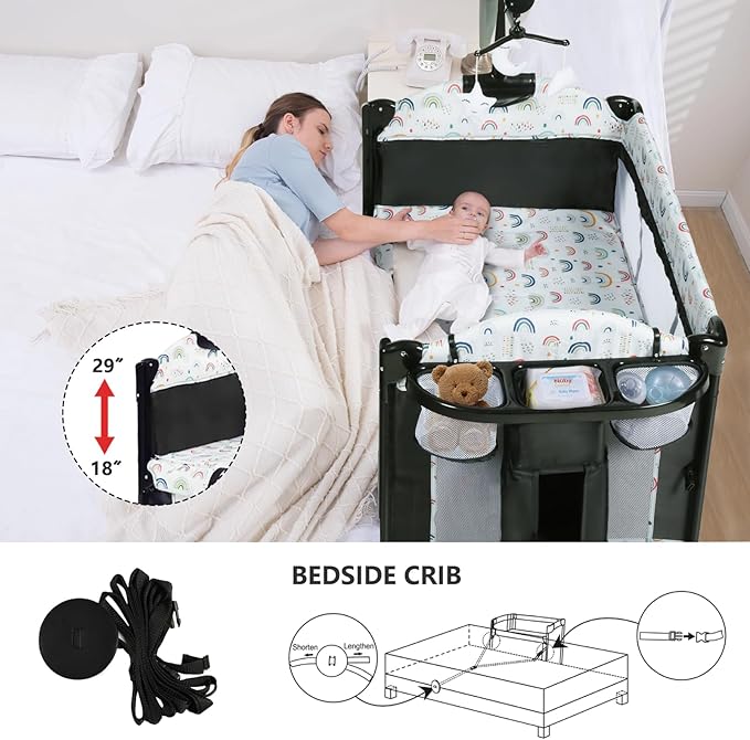 Kinder King 4 in 1 Portable Nursery Center, Foldable Baby Bedside Crib w/Bassinet, Infant Pack n Play Playard Toddler Large Playpen, Newborn Changing Table, Storage Basket, Side Zipper,Multicolour