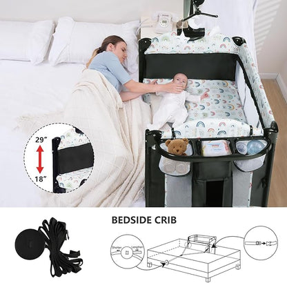 Kinder King 4 in 1 Portable Nursery Center, Foldable Baby Bedside Crib w/Bassinet, Infant Pack n Play Playard Toddler Large Playpen, Newborn Changing Table, Storage Basket, Side Zipper,Multicolour