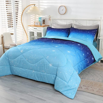Wowelife Glitter Bedding Set Twin Comforter Set for Girls 5 Pieces Blue Galaxy Comforter Set Twin Bed Set Bed in a Bag with Sheets Comfortable and Breathable for Kids