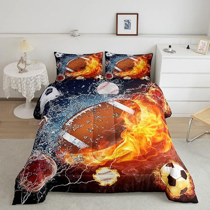 Erosebridal Football Comforter Set Full Rugby Sports Bedding Set for Teen Boys Kids,Soccer Basketball Baseball Comforter Red Blue Water Fire Lightning Quilt Duvet Insert Bedroom Decor 2 Pillow Cases