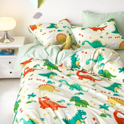 Wake In Cloud - Dinosaur Bedding Set for Boys, Cute Colorful Dinosaur Comforter Set with Sheets, 5 Pieces Kids Bed in a Bag, Cream Green, Twin Size