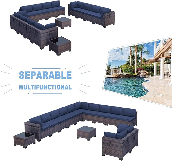 Kullavik 14PCS Outdoor Patio Furniture Set PE Wicker Rattan Sectional Sofa Patio Conversation Sets,Navy blue