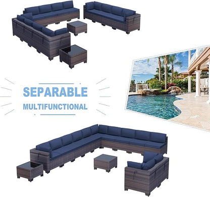 Kullavik 14PCS Outdoor Patio Furniture Set PE Wicker Rattan Sectional Sofa Patio Conversation Sets,Navy blue