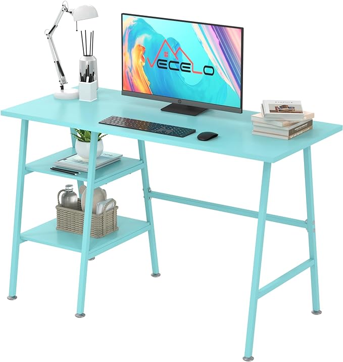 VECELO 43 Inch Computer, Writing Home Office Hutch Workstation with Shelf Storage Desk 43", Classic Blue