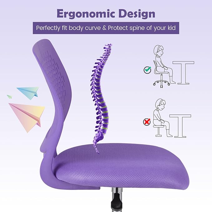 Kids Desk Chair, Purple Ergonomic Kids Office Chair Ages8-12 w/Lumbar Support, Low-Back Teen Desk Chair for Girls Boys, Small Cute Kids Computer Chair for Bedroom/Study/Vanity Desk