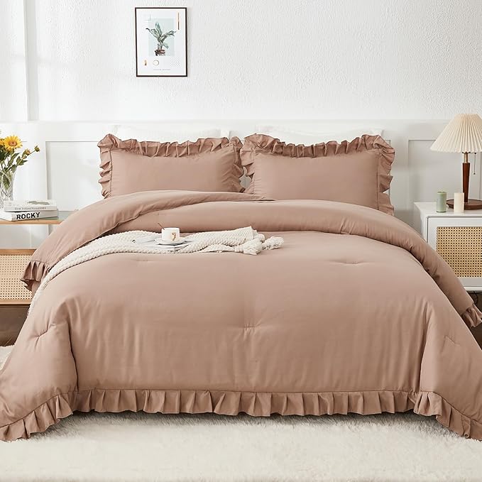 Andency California King Comforter Set Taupe (104x96Inch), 3 Pieces Cal King Ruffle Comforter, Oversized Farmhouse Shabby Chic Bed Comforter, Lighteweight and Soft Microfiber Bedding Set